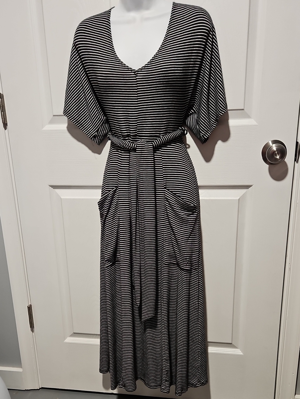 Rolla Coster Black & White Striped V‑Neck Belted Maxi Dress